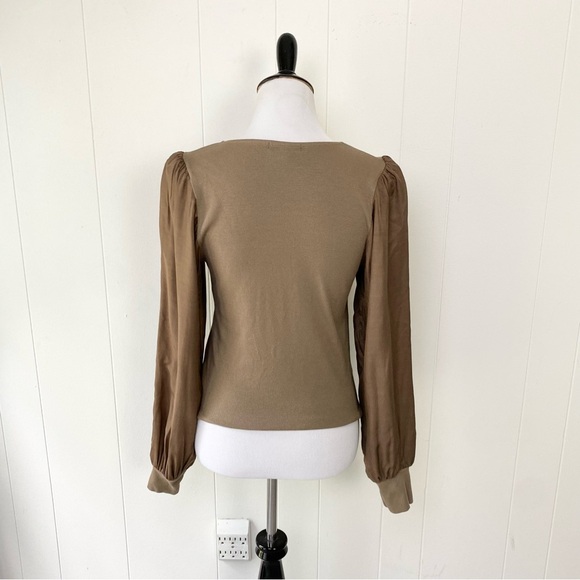 Sundry Mixed Media Top 3 US L Rib Knit Satin Puff Sleeve Brown Scoop Neck Crop - Picture 5 of 12